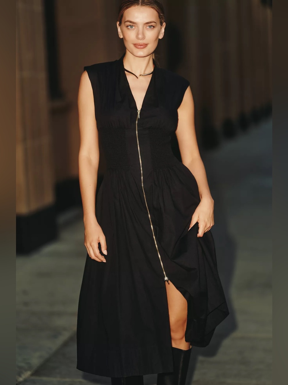 Anthropologie The Tommie Cap-Sleeve Smocked Front-Zip Midi Shirt Dress Size Xs
